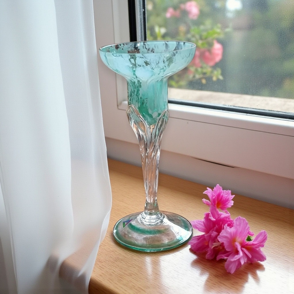 Krosno Poland Deco Swirl Elegant Green and Clear Glass Vase